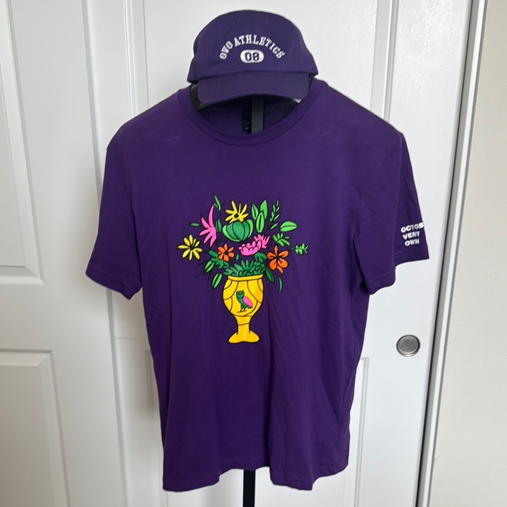 OVO Purple Graphic T-Shirt with Floral Design and Hat